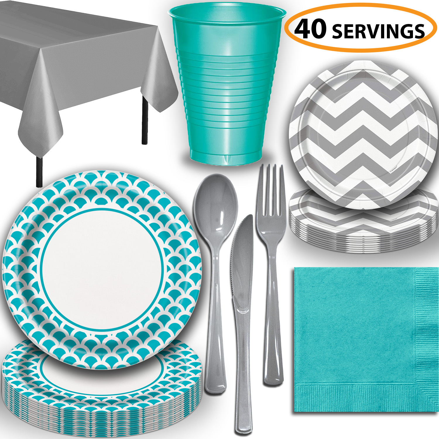 Disposable Tableware, 40 Sets Caribbean Teal and Silver Scallop
