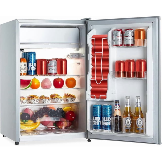 Ourlova Réfrigérateur Simple Mini - Réfrigérateur de 4,3 Pi3 avec Congélateur avec Thermostat Réglable, Tablettes en Verre Coulissantes, Porte Réversible Idéale pour Dortoir, Bureau, VR, Garage, Appartement