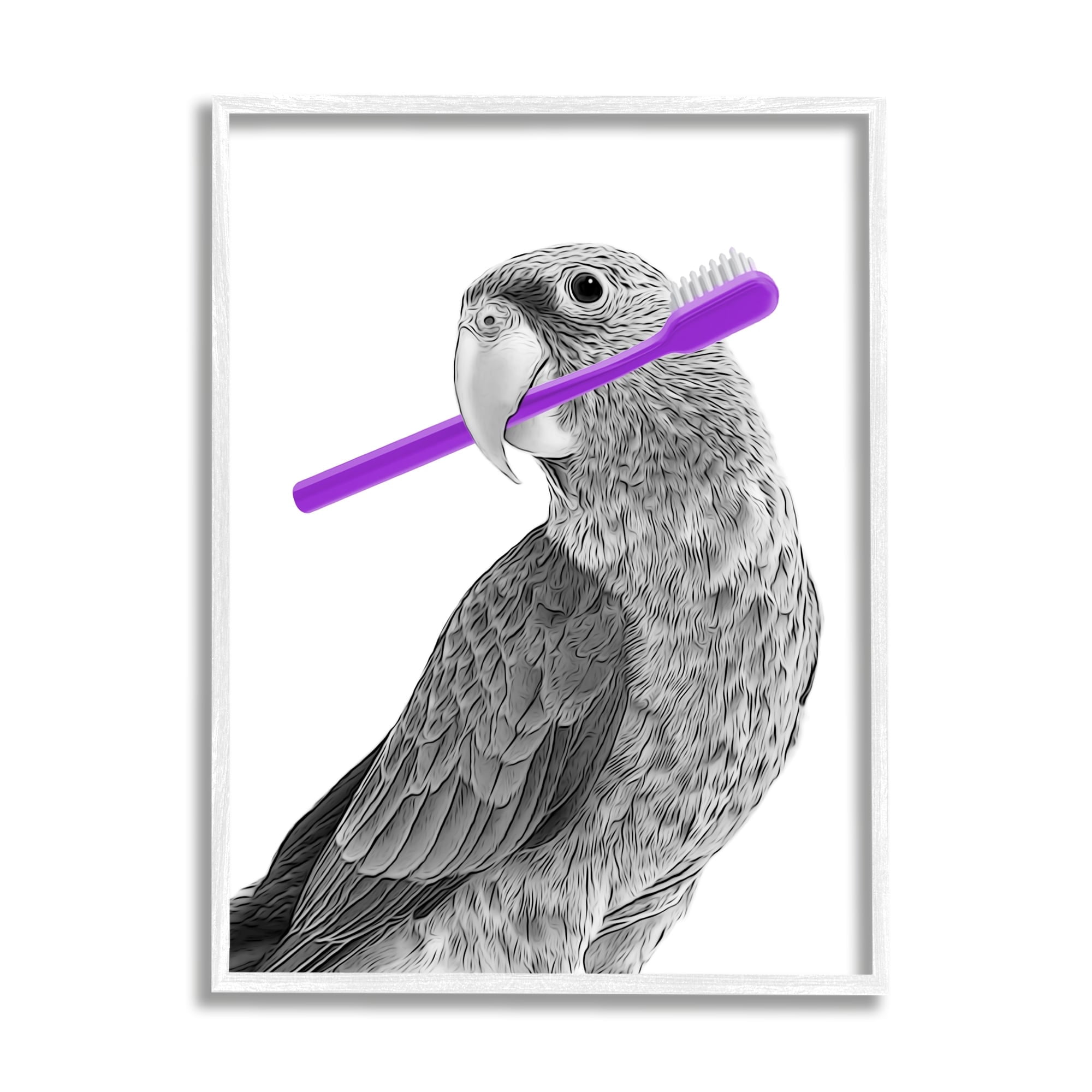 Stupell Industries Parrot With Toothbrush Funny Bird Animals & Insects Painting White Framed Art Print Wall Art