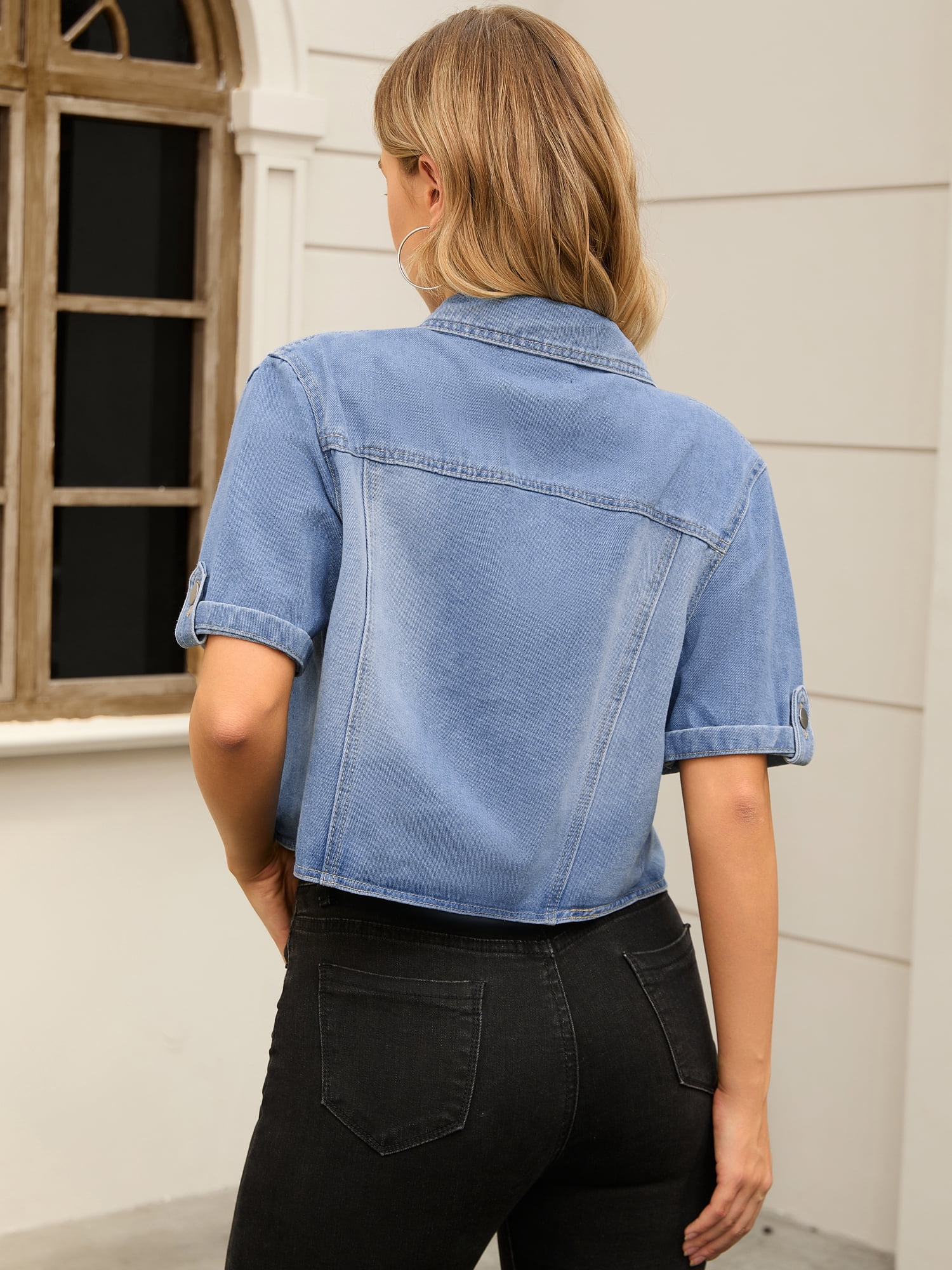DARING DIVA Women's Short Sleeve Denim Collared Button Up Cropped Jean Jacket S Light Blue