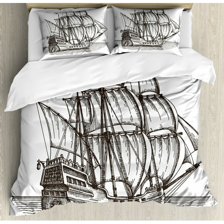 Pirate Ship Duvet Cover Set Old Retro Style Ship Floating On