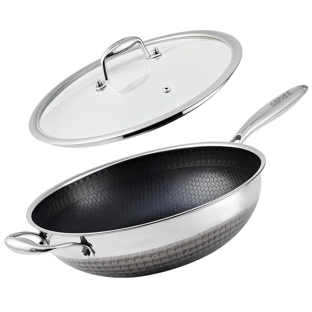 13 Inch Stainless Steel Hybrid Nonstick Wok Pan with Lid - Induction Compatible - PFOA-Free - Dishwasher Safe - Durable Stir-Fry Cookware for Kitchen