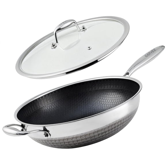 Hybrid Nonstick Stainless Steel Wok Pan 13 Inch with Lid – Induction Compatible – PFOA Free – Dishwasher & Oven Safe – With Cover