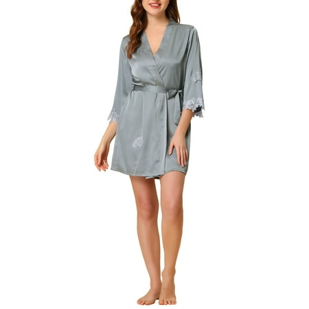 cheibear Women s 2 Pcs Satin Pajama Sets Nightgown with Robe Lingerie Lounge Sleepwear L Grey