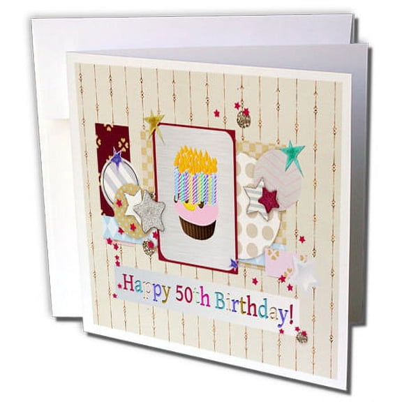 3dRose, Collage of Stars, Cupcake, and Candle, Happy 50th Birthday, 1 Greeting Card with envelope