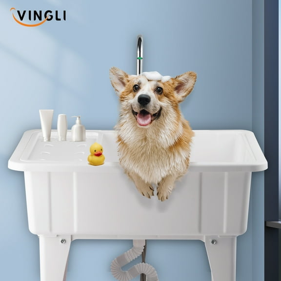 Spacious White Utility Sink Laundry Tub Freestanding Wash Station W/ Shelf, Removable Drainboard, Stainless Steel Faucet