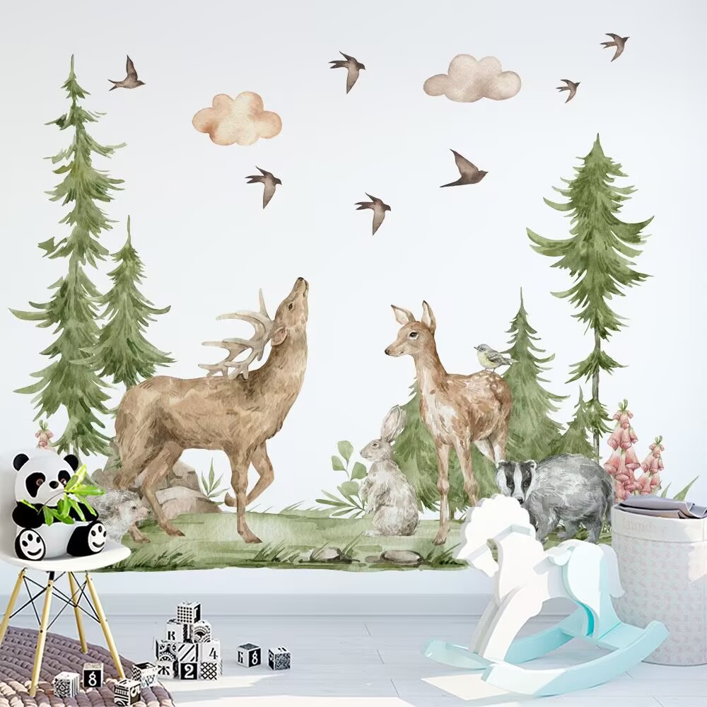 Mountain Tree Wall Stickers Large Pine Tree Forest Animal Wall Decals deer Wall Stickers and Stick Wall Art Decals for Kids Room Baby Nursery Bedroom