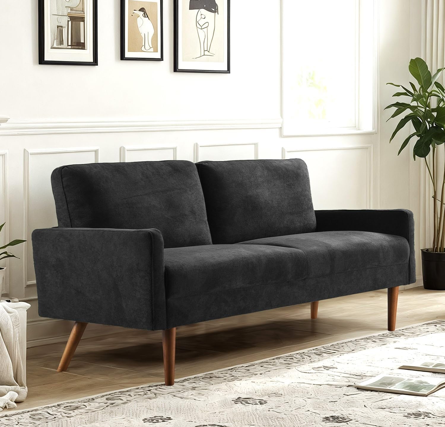 US Pride Furniture 67 in. Wide Square Arm Velvet Modern Rectangle Sofa in Black