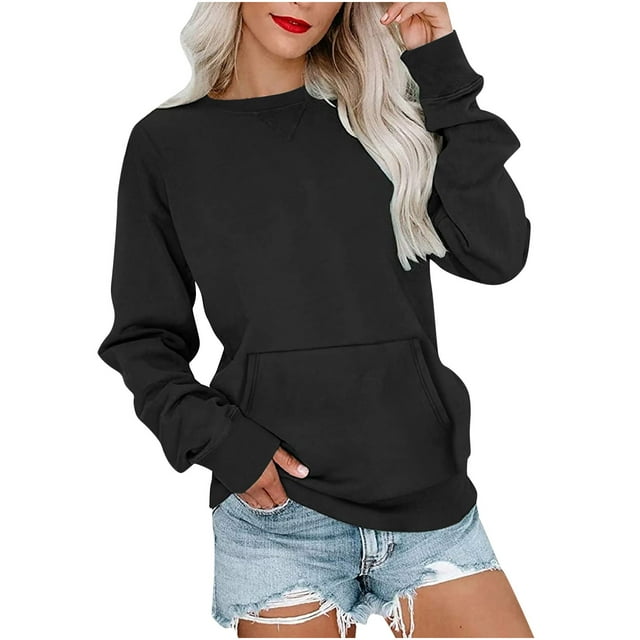 Besolor Sweatshirts pour Femmes Printemps Automne Manches Longues Col Rond Décontracté Couleur Unie Pull Tops Chemises avec Poche