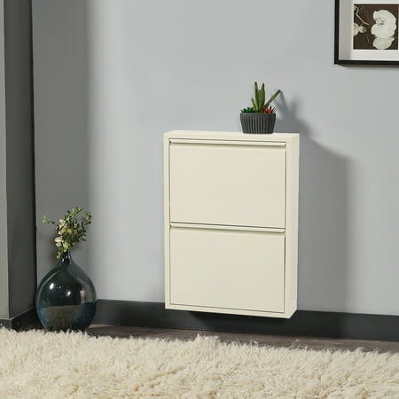 Flip Drawer Shoe Cabinet, Storage Organizer, Freestanding Shoe Rack, Wall Mounted No-Assembly (Cream, 2 Drawer)