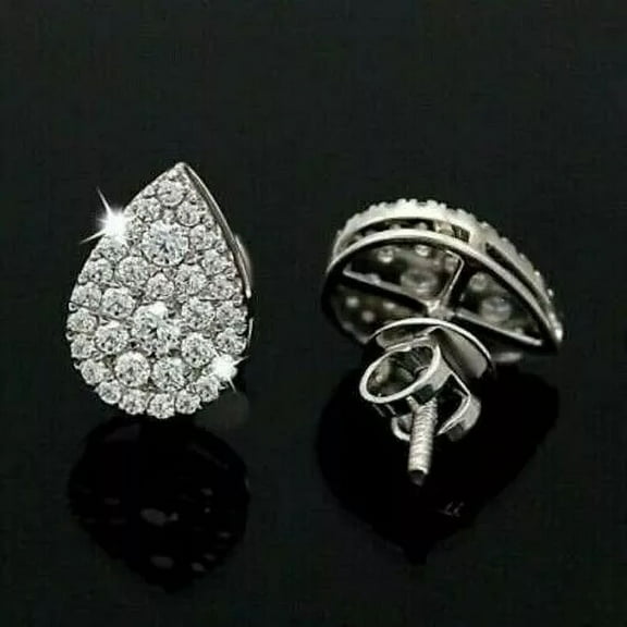 2Ct Round Cut White Diamond Pear Shape Stud Earrings 14k White Gold Plated Silver