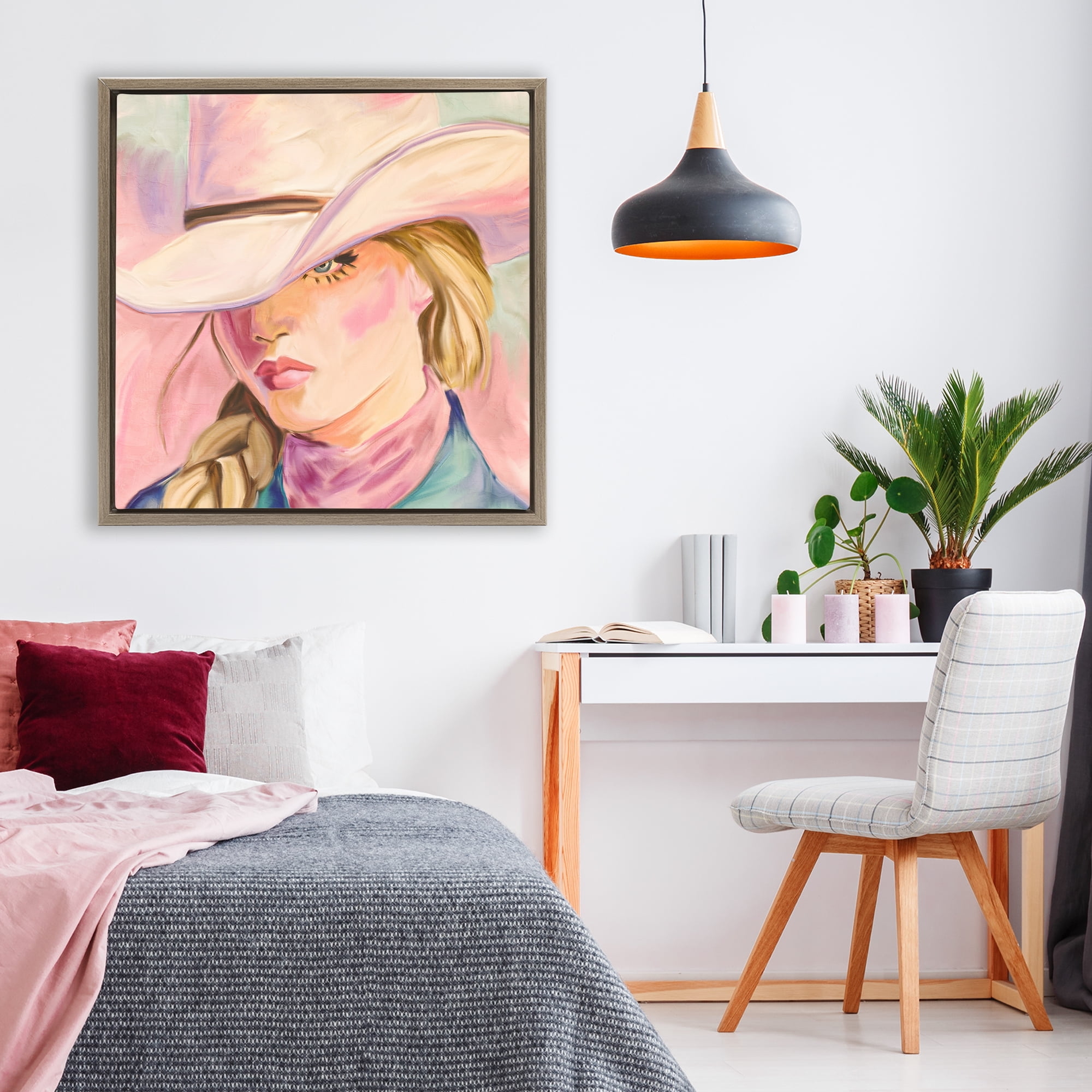Pastel Cowgirl Gaze Beneath Hat Brown Framed Floater Canvas Wall Art, design by Kim Allen