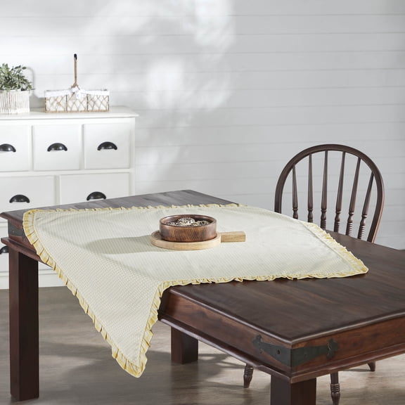 VHC Brands Buzzy Bees Ruffled Table Topper 40x40, Kitchen and Dining Room Decor, Tabletop Accessory, Cotton, Buzzy Bees Collection, Square 40x40, Vintage Yellow