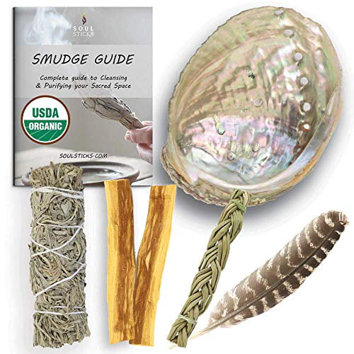 SAGE WHITE SMUDGE KIT SPIRIT REMOVAL CLEANSING  SAGE ABALONE SHELL AND FEATHER 