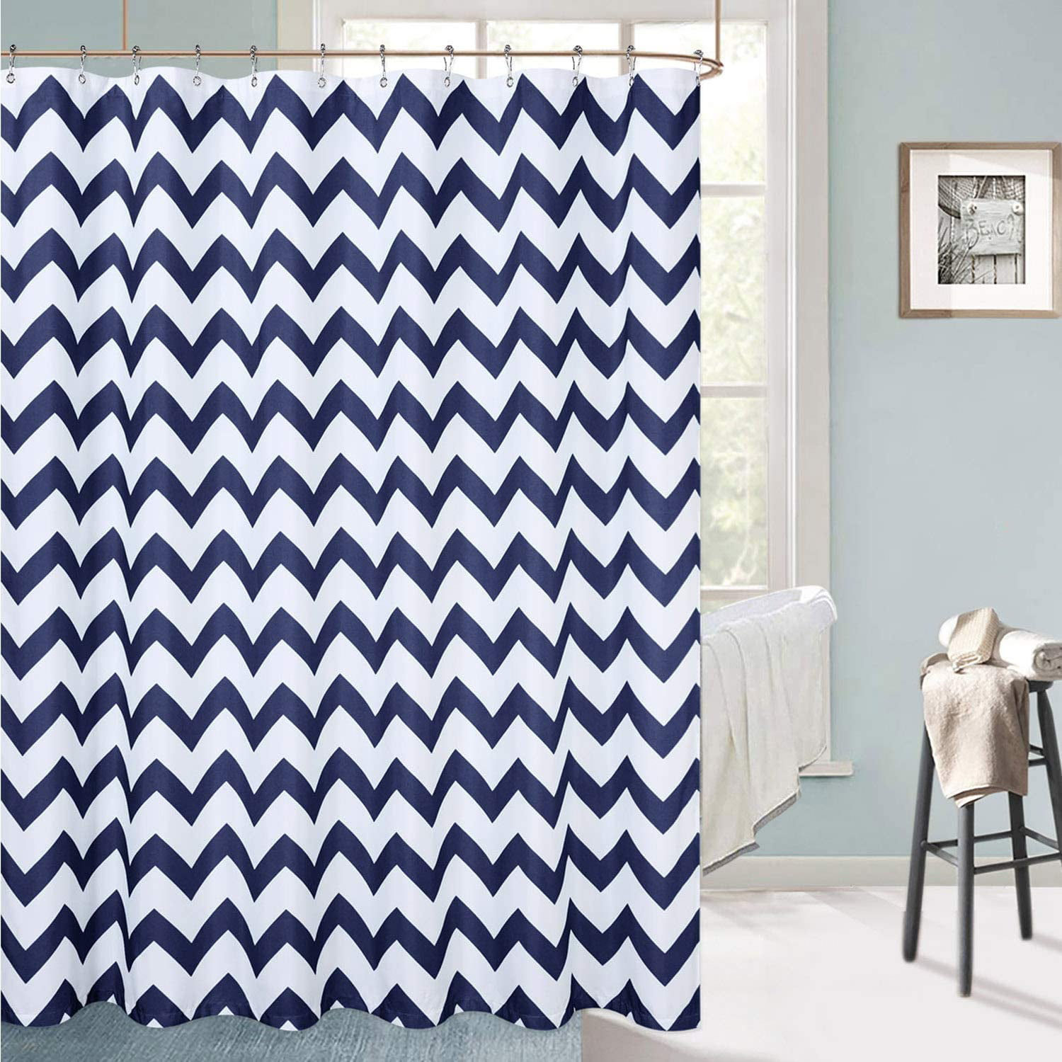 Details about   Thick Polyester Shower Curtain Premium Reinforced Hooks Navy Blue White Stripes 