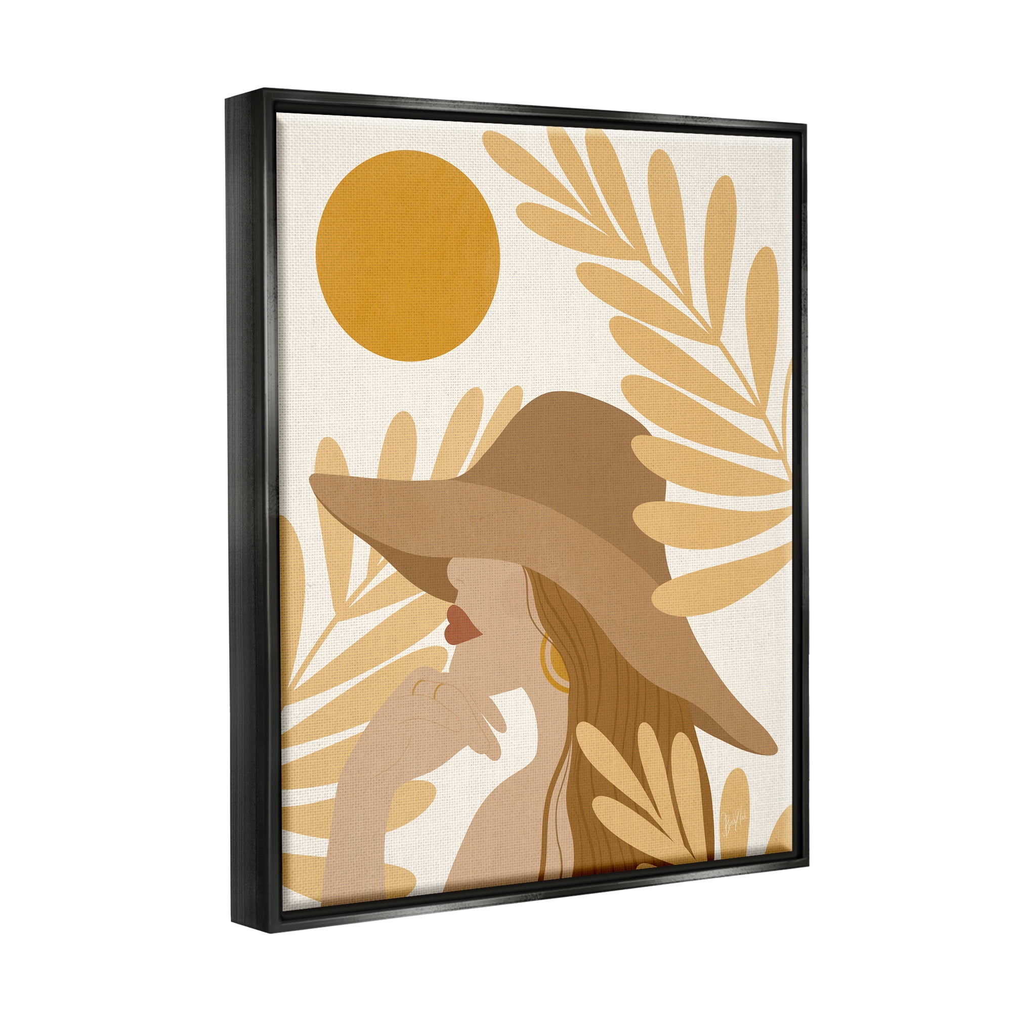 Stupell Industries Woman in Hat Warm Yellow Cutout Leaf Shapes Graphic Art Jet Black Floating Framed Canvas Print Wall Art, Design by Birch&Ink