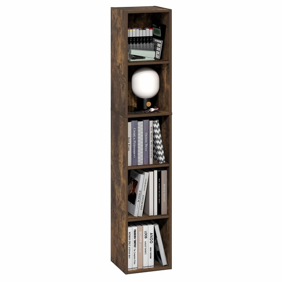 Furinno FULDA 5-Tier 10-In Width Narrow Bookcase 9.3 x 9.8 x 51.9 Amber Pine