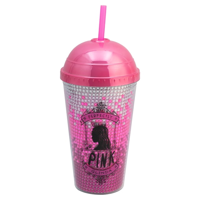 Vaso Doble Pared Tapa Domo Y Popote, Colección Wicked, Diseño Glinda Pink, Vaso con Brillos, Capacidad 500 Ml