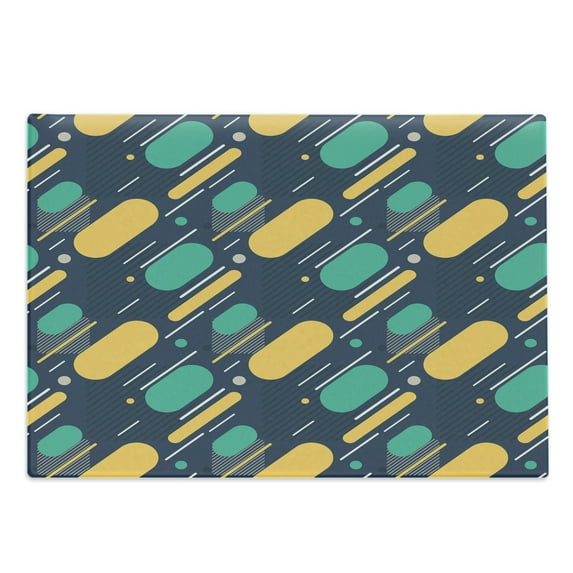 Geometric Cutting Board, Teenage Pattern with Lines and Circles Bold Colorful Shapes Retro Modern Style, Decorative Tempered Glass Cutting and Serving Board, Large Size, Multicolor, by Ambesonne