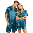 thumbnail image 3 of Garbnen Silk Matching Pajama Set for Couples 2 Piece Short Sleeve Button Down Sleepwear Pjs Shorts Set Soft Mens Loungewear Sets Shorts Blue 4XL, 3 of 8