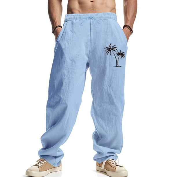 Pantalones largos para hombre, color liso, holgados, informales, con estampado de lino, bolsillos, cordón ajustable, cintura elástica, de poliéster.