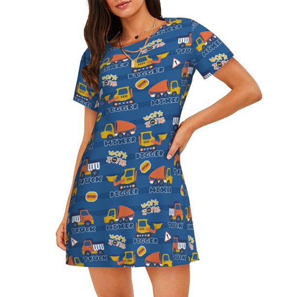 Disketp Construction Vehicles para Camisón Corto de Manga Corta para Mujeres, Camisón Cómodo con Escote Redondo, Bonito y Confortable