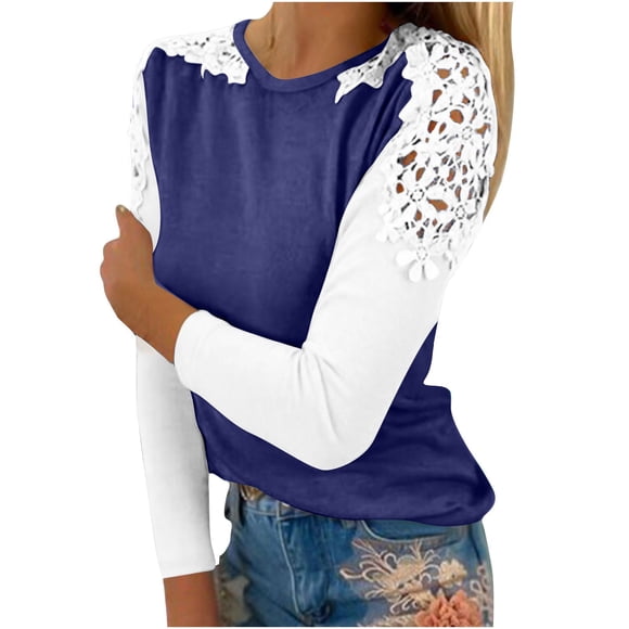 FcBaudy Womens Tops,Long Sleeve Round-Neck Blouses & Shirts,Shirts for Women Women Casual Round-Neck Lace Hollow Out Long Sleeve Pullover Blouse T-shirt Tops Women Blouse