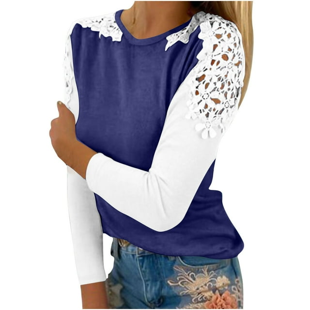 FcBaudy Hauts pour Femmes, Chemisiers et Chemises à Manches Longues à Col Rond, Chemises pour Femmes Femmes Décontracté Col Rond Dentelle Ajourée Chandail à Manches Longues Blouse T-shirt Hauts Femmes Blouse
