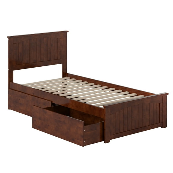 HomeStock Twin XL Solid Wood Platform Bed with Matching Footboard & Storage Drawers in Walnut