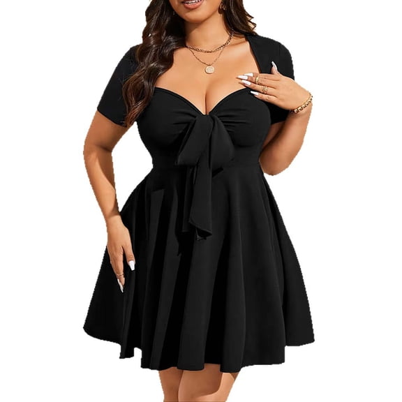 AURA Womens Black Colorblock Knit V Neck Short Sleeve Pleated Tie Waist A Line Mini Dress Plus Size 1XL 3XL