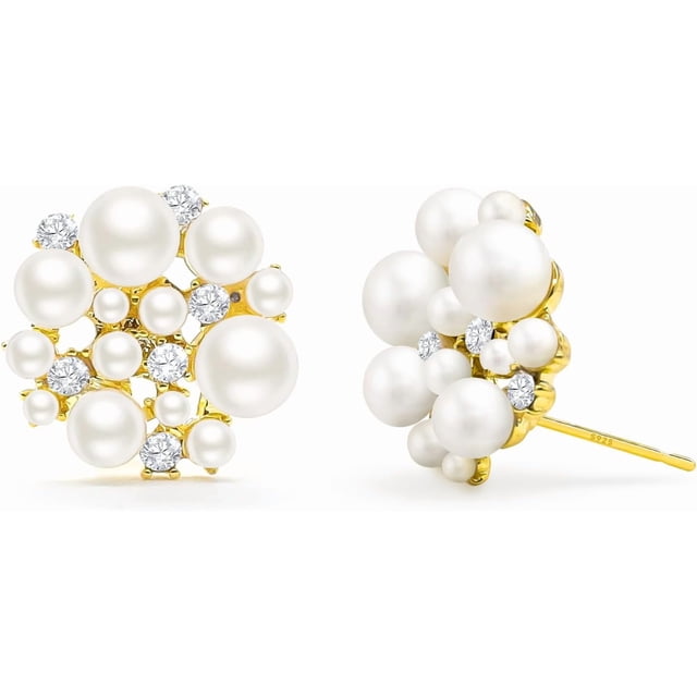 arete de tuerca con perlas blancas, circonitas cúbicas de estrella completa, para mujer, chap en oro de 14 quilates, arete de plata 925, hipoalergénicos, joyería de moda