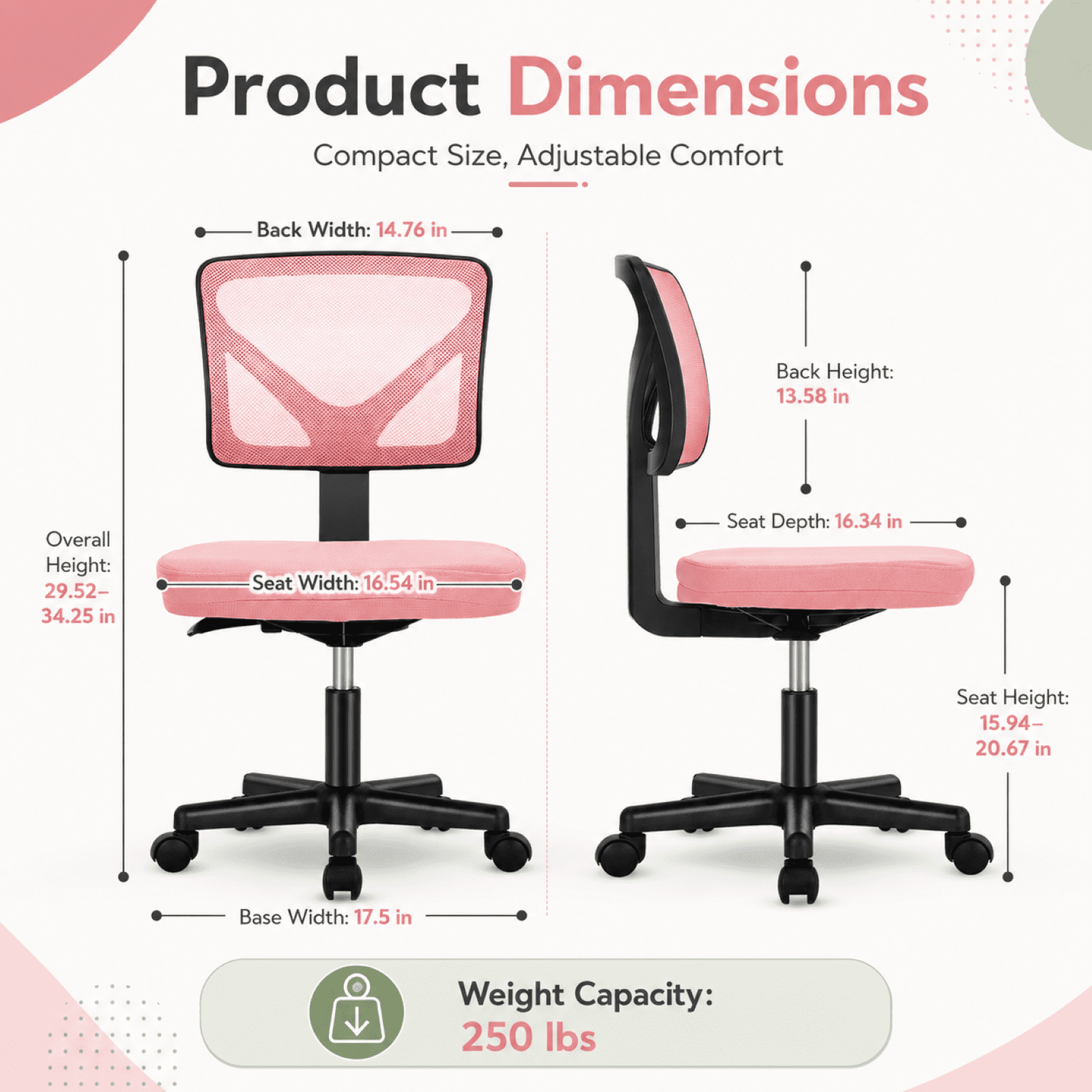 Kelno Small Desk Chair with Wheels Adjustable Computer Desk Chair with Lumbar Support Mesh Ergonomic Low-Back Office Chair, Pink