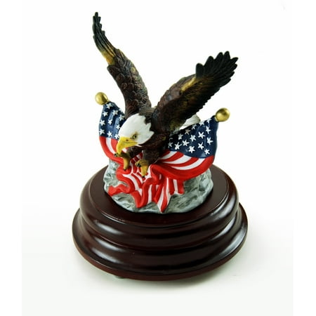 Patriotic American Bald Eagle With Dual USA Flags Musical Figurine - Over 400 Song Choices - Blue Hawaii (L