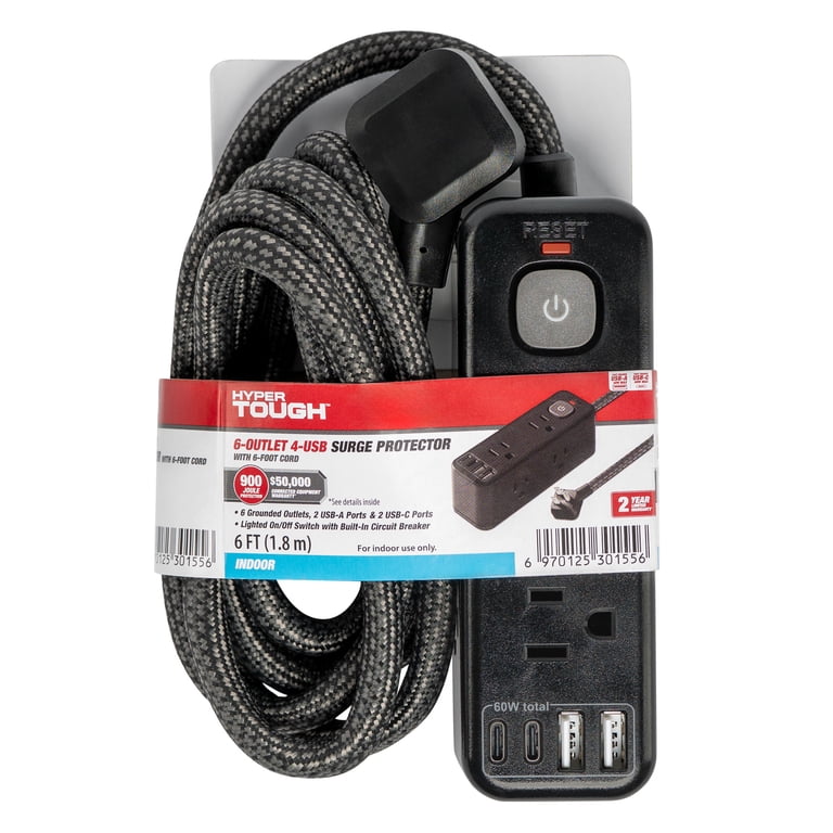 Hyper Tough 6ft Extension Cord Power Strip with 6 Outlets, USB-A