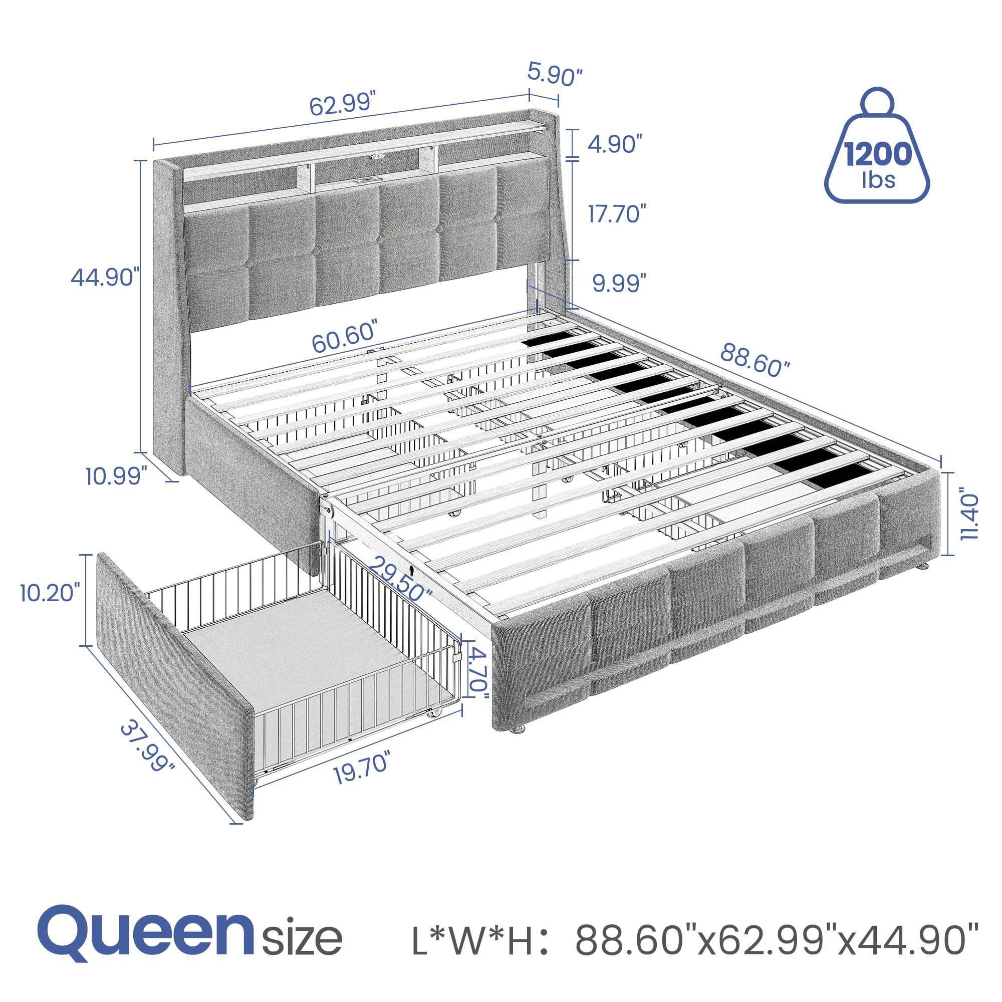 Greenstell Queen LED Storage Bed Frame - Charging Station, App Control, 1200LBS Capacity, Black