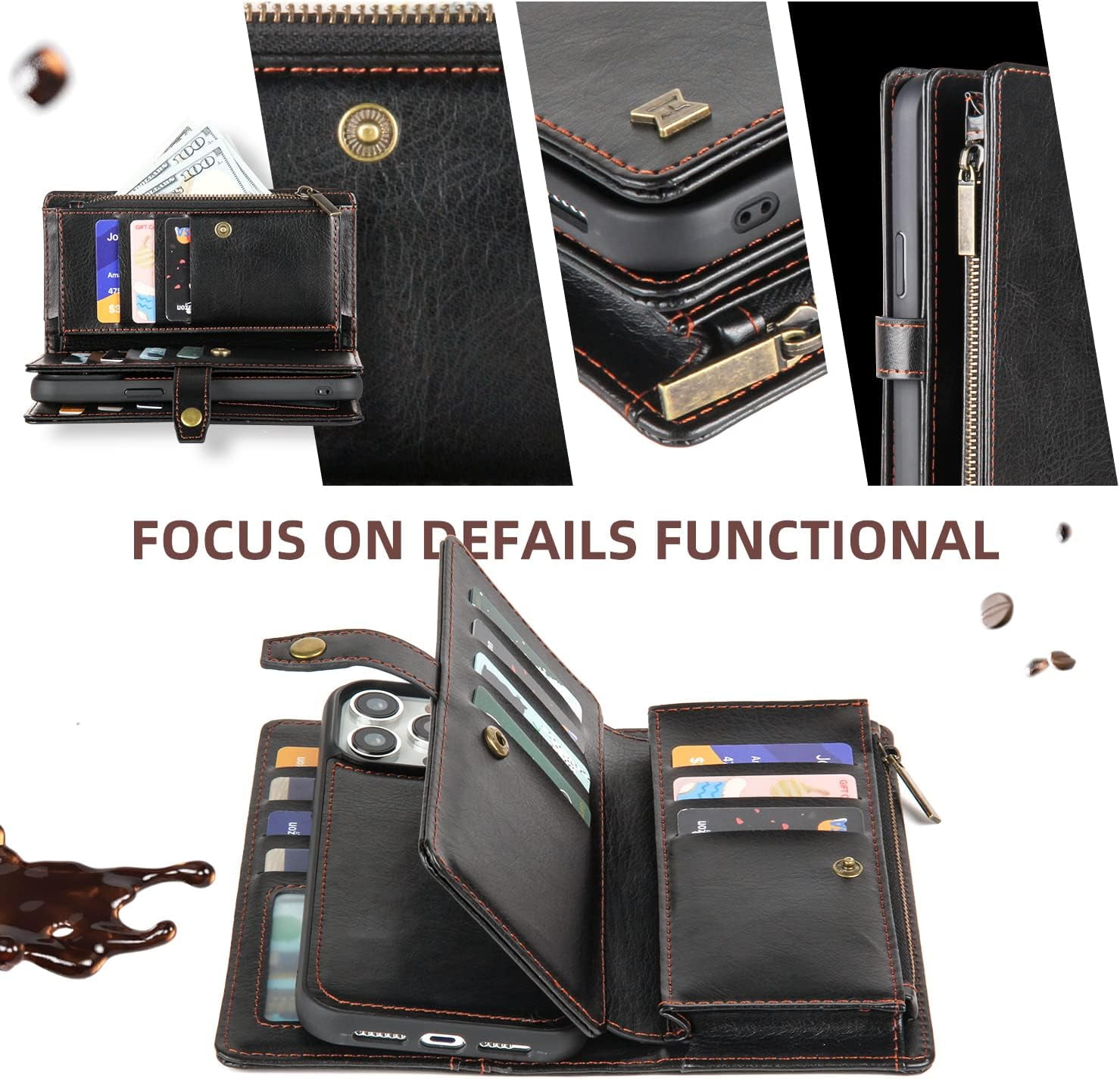 Phone Case Wallet Case Compatible for iPhone 15,iPhone 15 Multifunctional 2 in 1 Magnetic Case Wallet,Durable PU Leather Flip Lanyard Strap Wristlet Zipper Card Holder  for iPhone 15