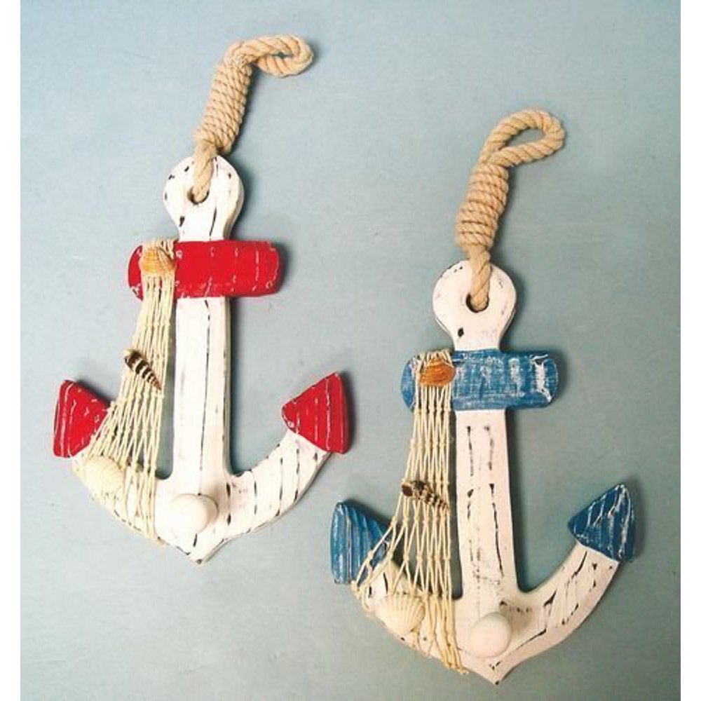 Set of 2 Wood Anchor Wall Hooks Nautical Decor New