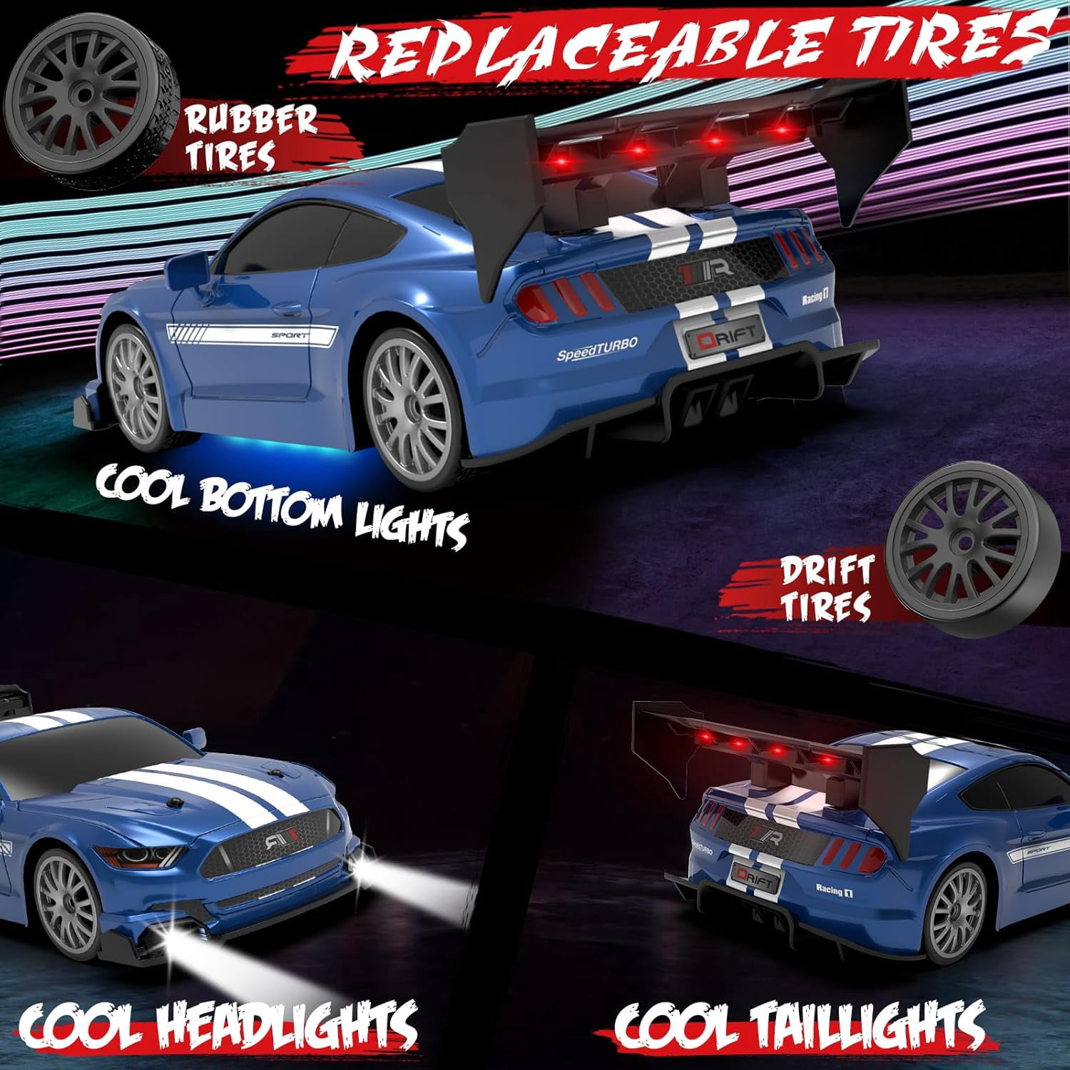 AIGIA 1:24 Scale RC Drift Car 30KM/H 4WD 2.4GHz Remote Control Cars with LED Light High Speed RC Racing Cars Toy Gift