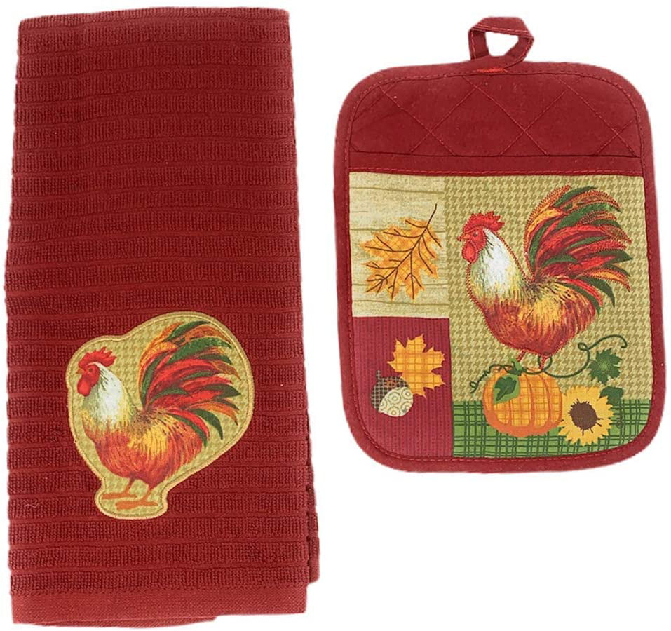 Rooster print kitchen towels with potholder top for hanging-set of 2--multicolor 