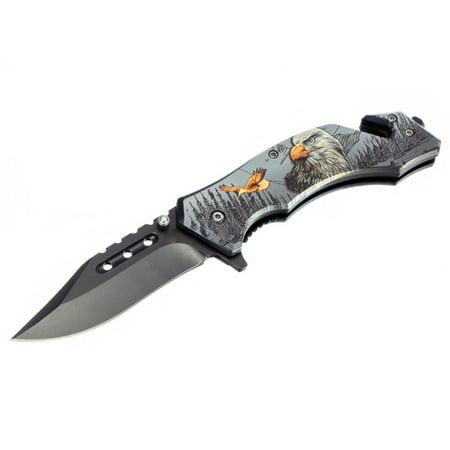 Drop Point Outdoor Folding  Pocket Knife 4.75 Inch with Window Punch, Eagle Deer Wolf or Bear Wildlife
