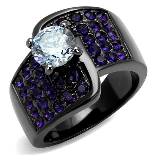 IP Light Black IP Gun Stainless Steel Ring with AAA Grade CZ, Light Amethyst - Size 10