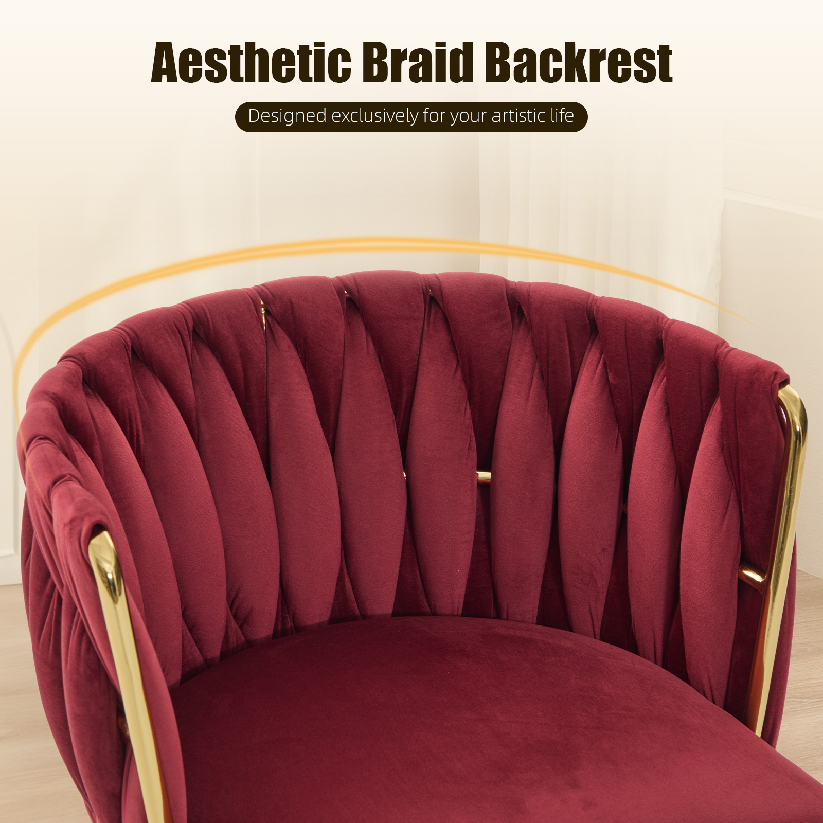 MOONMISS Velvet Upholstered Tufted Wood Frame Side Dining Chair with Golden Legs（set of 2）-Wine Red
