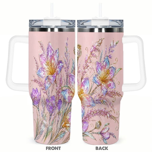 40oz Crystal Lily Floral Tumbler with Handle and Straw Pink Purple Travel Cup Insulated Car Cup Gift for Women