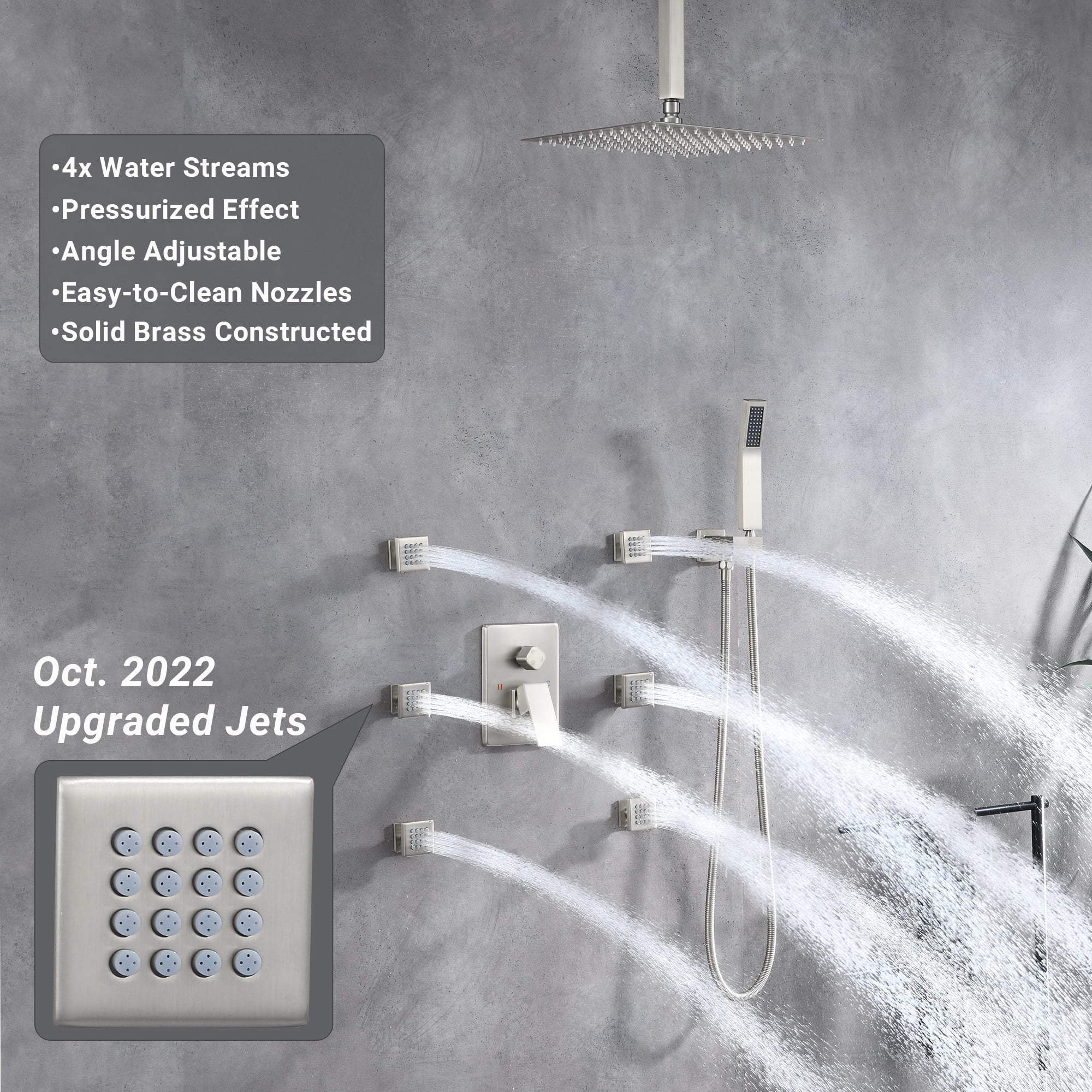 Full Body Shower System with Body Shower Spray Jets, 12'' Ceiling Shower Head System with Jets & Hand Shower, Brushed Nickel Rain Shower System Faucet Set with Jets & Valve