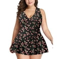 thumbnail image 4 of Inadays Women Plus Size One Piece Swimsuit Flower Printing Modest Tummy Control Swimdress V Neck Vintage Bathing Suits Skirt Swimwear, Black Cheery, XL, 4 of 10