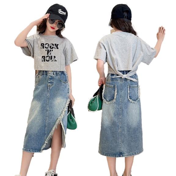 LYMAYTER Teens Girls Denim Skirt Midi Knee Length High Waist Slit Front Washed Jean Skirt Elastic Waist 5-14Y