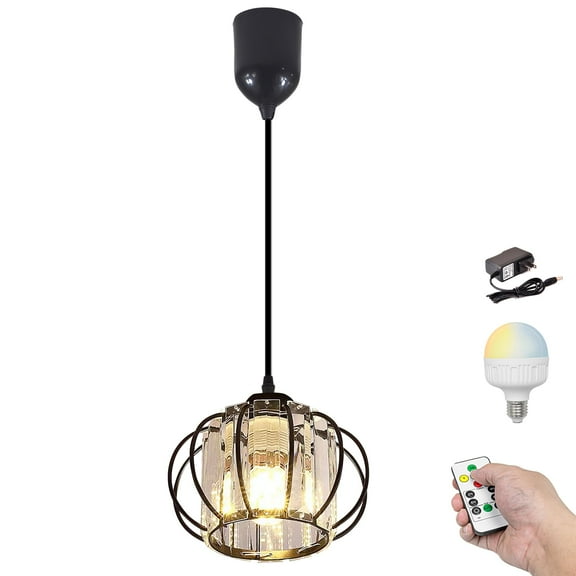 Kiven Battery Operated Pendant Light with Remote,1-Light Rechargeable Hanging Pendant Light Adjustable Height with Crystal Lampshade for Bedroom Kitchen Home Decor Black TB2982
