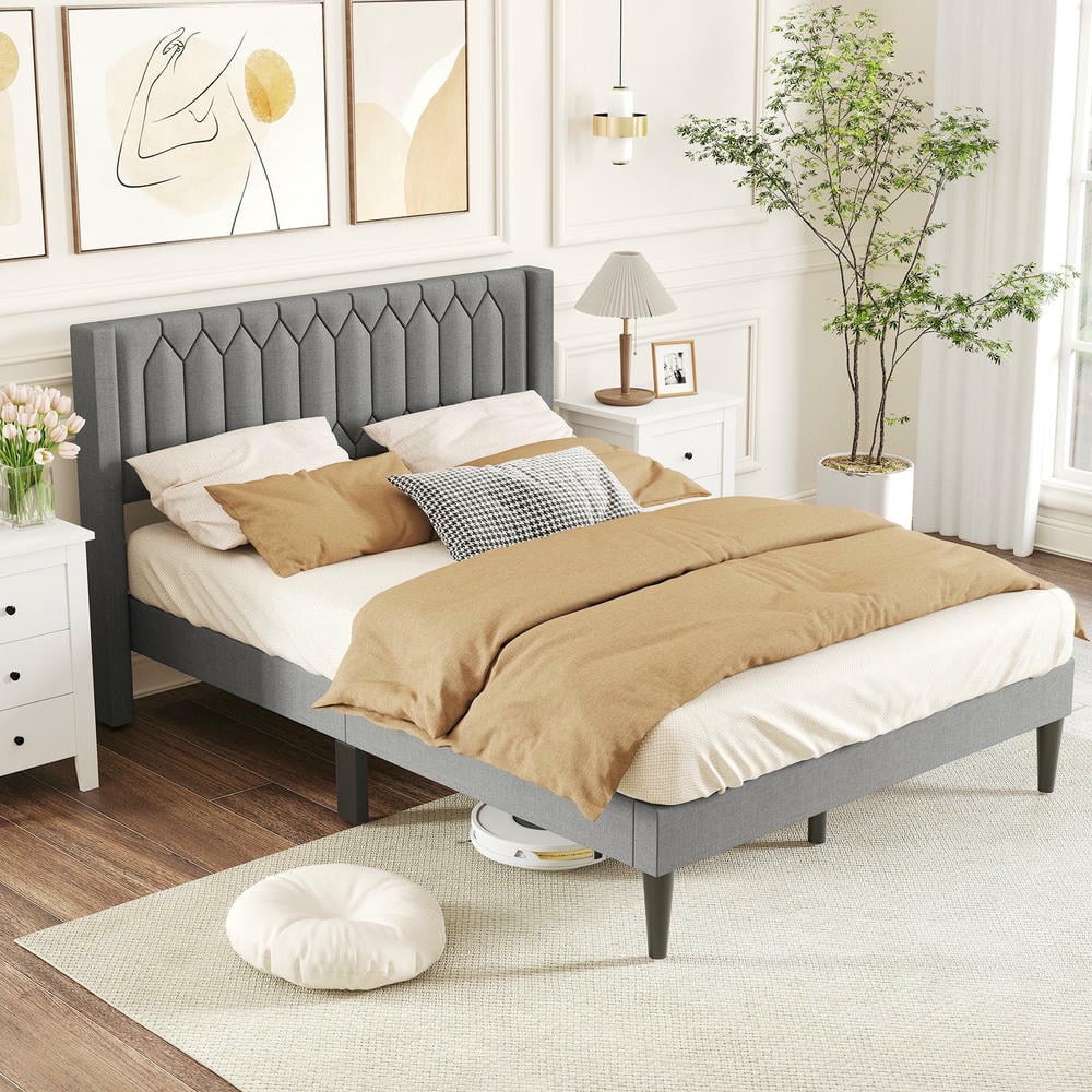 GVN Queen Size Sturdy Bed Frame with Wingback Headboard and Wooden Slat Support, Dutch Linen Fabric Upholstered Bedroom Platform Bed Frame for Apartment, Bedroom, Beige