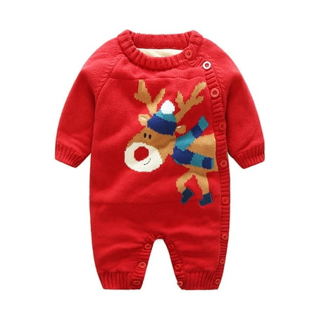 

Infant Baby Autumn and Winter Christmas Long Sleeved Trousers Bodysuit Knitted Sweater Creeper Fashionable Christmas Printed One-piece Romper