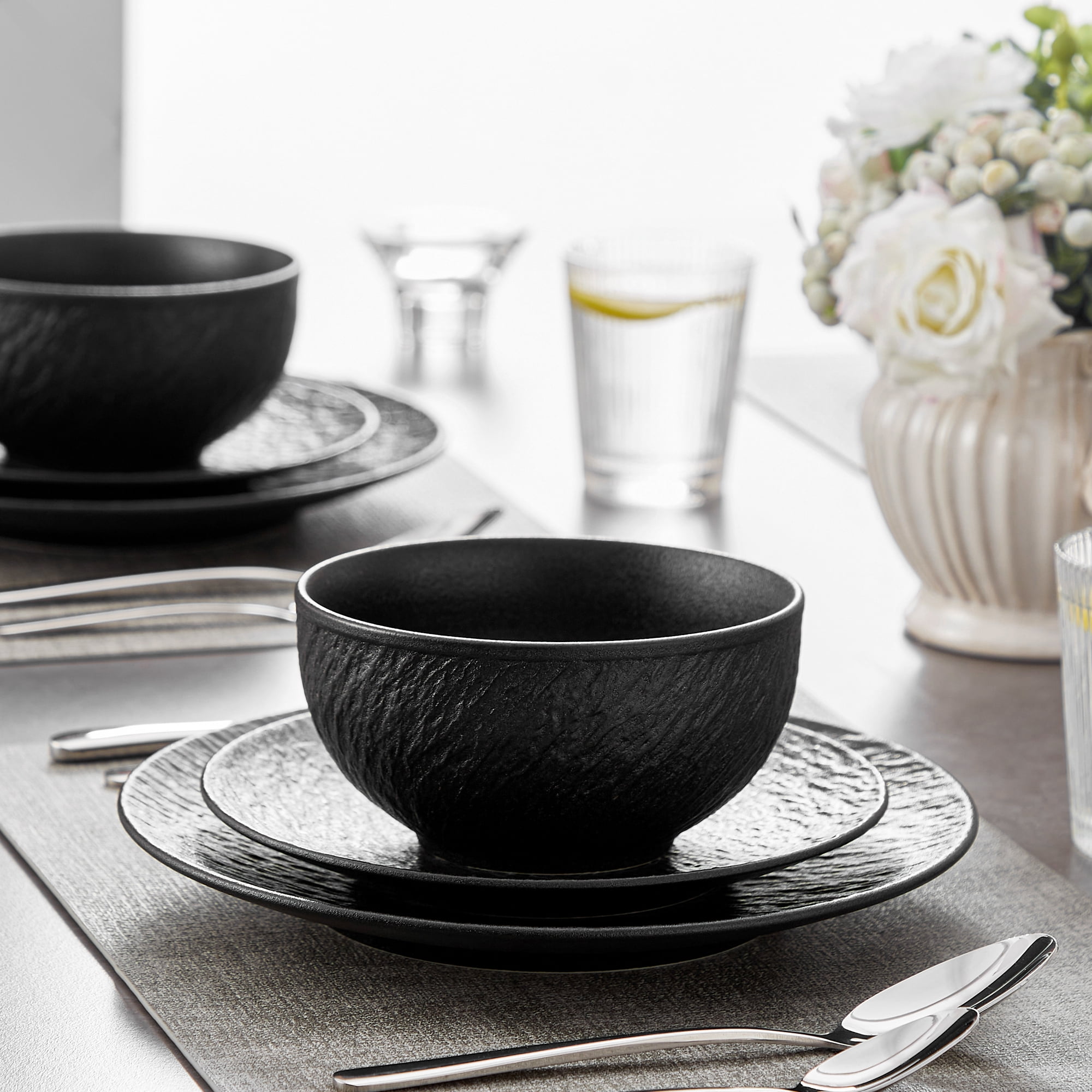 Lareina 12 Piece Dinnerware Sets Service for 4, Ceramic Dinner Plates Dishes Bowls Sets for Kitchen, Chip and Crack Resistant Dishwasher Microwave Safe, Reactive Stone Texture Matte Black